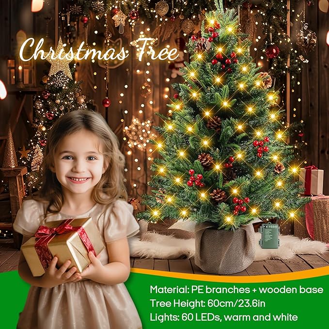 24 Inch Mini Christmas Tree, Table Top Artificial Xmas Pine Trees with 100 5-Pronged PE Branches, DIY Artificial Christmas Tree with 60 LED String Lights, Pine Cones and Red Berries Decoration