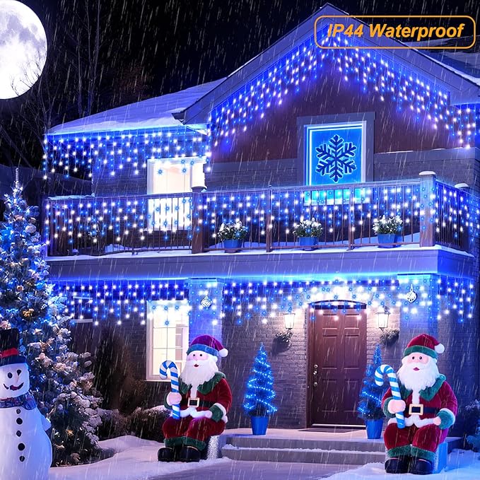 Pooqla Color Changing Icicle Lights with Remote, 34 Colors Christmas Outdoor Decoration, 165 LED 26.2 FT RGB Waterproof Hanging String Lights for Roof Window Home Party Thanksgiving Christmas Decor