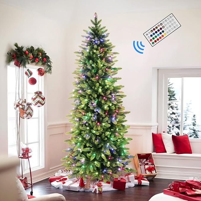 Alupssuc 6.5ft Prelit Artificial Hinged Christmas Tree with Remote Control, 300 Pre-Lit Multi-Color RGB Lights and 1600 PE & PVC Branch Tips, Fake Christmas Tree, 6.5 FT