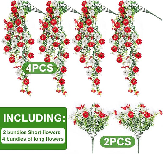 Artificial Flowers for Outdoors 6PCS,All Weather Fade Proof, UV Resistant Waterproof Realistic Faux Silk Mums Daisies Red & White for Hanging Planters Porch Patio Balcony Deck Fence Garden Decor