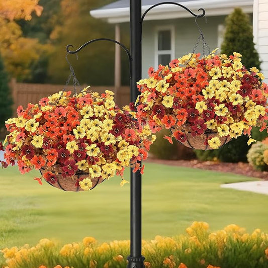Geegoods 2 Set Artificial Hanging Basket Fall Flowers for Outdoor, Fake Faux UV Resistant Look Real Mixed Mums Plants for Autumn Porch Patio Balcony Yard Home Decor