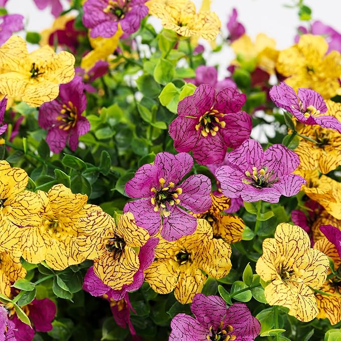 Artificial Flowers for Outdoors 6PCS,All Weather Fade Proof, UV Resistant Waterproof Realistic Faux Silk Mums Daisies Purple & Yellow for Hanging Planters Porch Patio Balcony Deck Fence Garden Decor