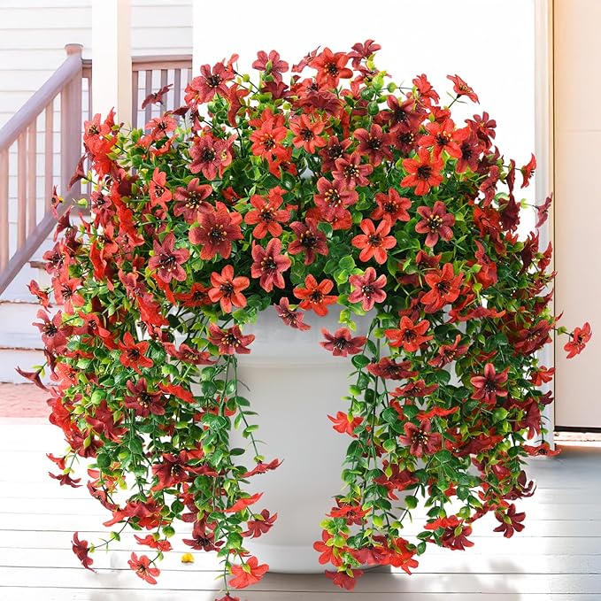 Artificial Hanging Flowers Plants for Outdoor Fall Decoration, 2 PCS Fake Silk Daisy Planter UV Resistant Look Real for Outside Patio Porch Home Autumn Decor (Red Brown)