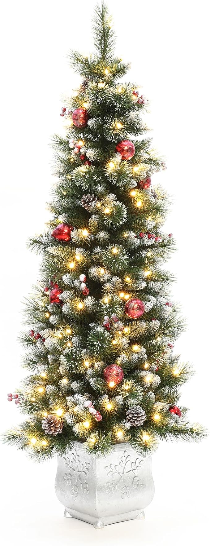 LuxenHome 5FT Potted Christmas Tree with Ornaments, Pre-Decorated Small Flocked Artificial Christmas Trees Prelit with 150 LED Lights, Pencil Xmas Tree with Pot for Indoor, Outdoor
