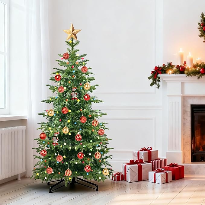 5Ft Prelit Artificial Christmas Tree, Lighted Aspen Fir Christmas Tree with Multicolor Globe Lights and Metal Stand, Slim PE & PVC Mixed Layered Xmas Tree for Holiday Home Decor