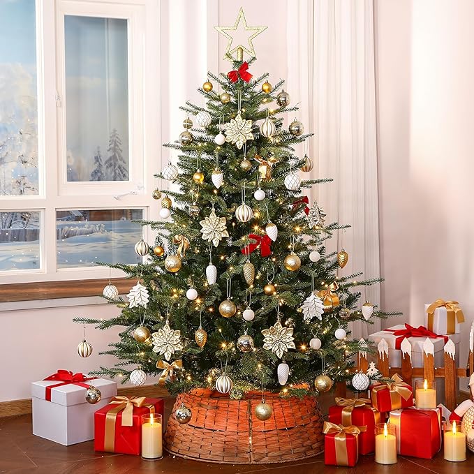 SHareconn 106PCS Christmas Balls Ornaments Set, Colorful Shatterproof Plastic Decorative Baubles for Xmas Tree Decor Holiday Wedding Party Decoration with Hanging Hooks, Gold &White