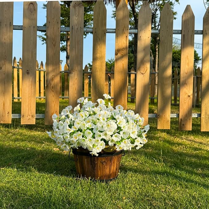 10 Bundles Artificial Flowers for Outdoor,UV Resistant Fake Petunia Flowers,Faux Plants for Outside Hanging Planters,Artificial Plants for Indoor Porch Garden Home Wedding Decor(White)