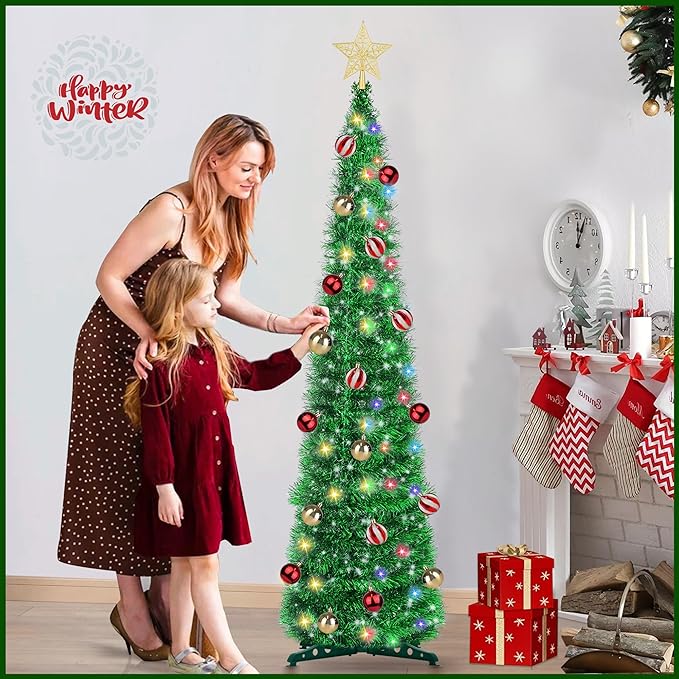 5FT Pop Up Christmas Tree with Timer 60 Warm White & Multi Color Fairy Light 3D Star 25 Ball Ornament, Green Tinsel Christmas Tree Slim Pencil Xmas Tree Home Office Holiday Decor Indoor Outdoor