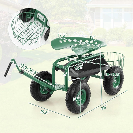 Rolling Garden Seat, Garden Stool with Wheels, Extendable Handle, Storage Basket & Tool Tray, Garden Scooter with 360 Degree Swivel Seat for Outdoor & Yard (Green)