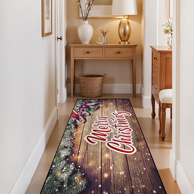 Christmas Rug Xmas Holiday Decorative Wood Grain Pattern Welcome Mat for Home Decoration Non Slip Outdoor Indoor Entrance Floor Mat,79" X 39"