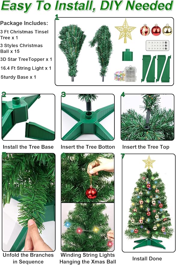 3 Ft Green Christmas Tree 12 Modes Dual Color Change Timer DIY 50 Warm White & Multicolor Lights Star 15 Ball Ornaments Battery Operated Small Artificial Full Xmas Tree Table Home Indoor