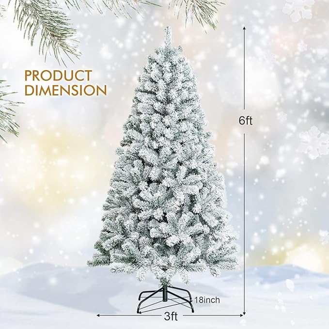 HAPPYGRILL 6 Feet Flocked Christmas Tree Artificial Xmas Tree with 600 PVC Branch Tips, Hinged Xmas Tree Life-Like Seasonal Holiday Tree for Home Office