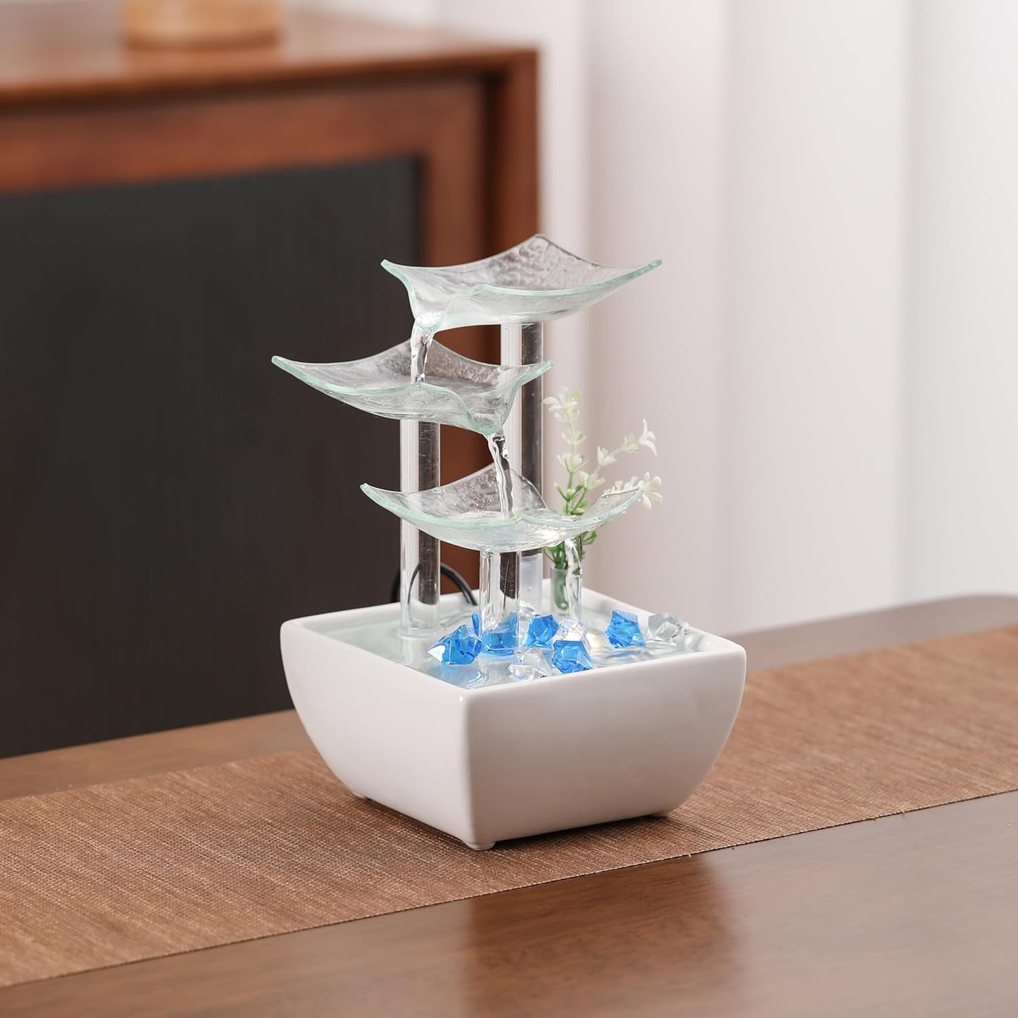 Ceramic and Glass Tabletop Fountain for Indoor and Home Decoration Table Desk Office Patio White