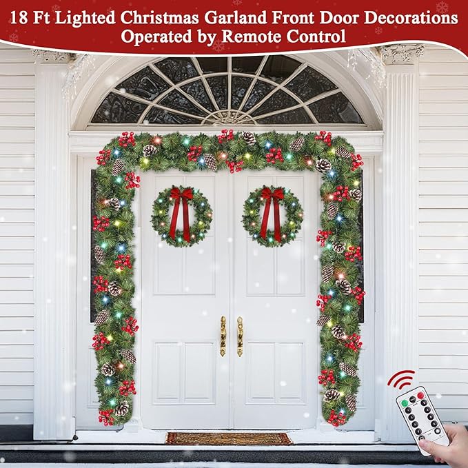 Remote Control&Extra Long&12 Modes-18 Ft Prelit Christmas Garland for Stairs Railing Mantle Front Door Porch Indoor Outdoor Decor 100 Warm White&Colors Switch Lights Timer,580 Thick Branches Tips
