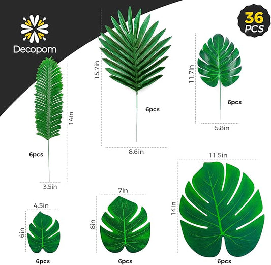 Decopom Palm Leaves Artificial Tropical Monstera 36Pack 6 Kinds Large Small Green Fake Palm Leaf with Stems