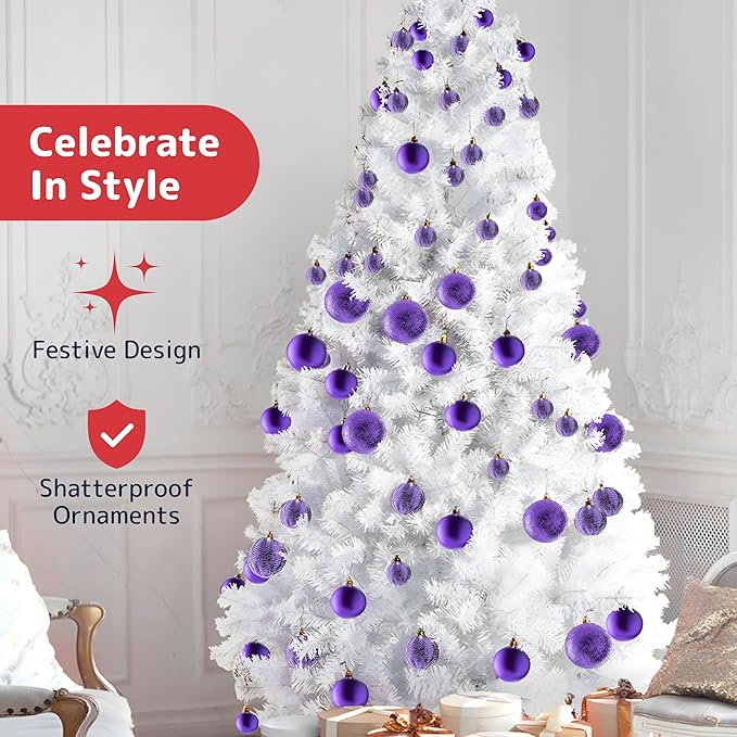 Prextex 36-Pieces Purple Christmas Ornaments Set - Shatterproof, Festive Christmas Ball Ornaments in 3 Sizes and 6 Styles with Hanging Loops for Tree, Wreath, and Dazzling Holiday Party Decorations
