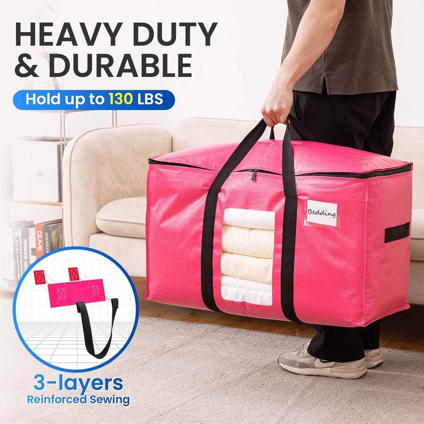 TAILI 8 Pack Pink Extra Large Moving Bags, Heavy Duty Totes with Visible Window, Wrap Around Handles, Space-Saving Storage, Alternative to Moving Boxes