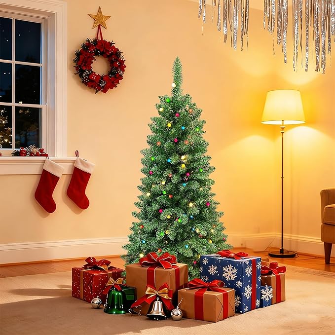 5FT Christmas Tree LED Bulbs Pre-Lit, Premium Artificial Christmas Tree with Lights, Decorated Xmas Tree with Tripod Stands for Indoor Home Office Party Holiday Decoration, ETL Listed