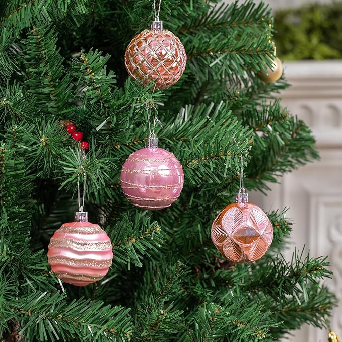 100 Pack Pink Christmas Ball Ornaments Set, Hand-Painted Shatterproof Hanging Decorations, Assorted Baubles Bulk for Xmas Tree Wreath, Winter Holiday Home Party Decor