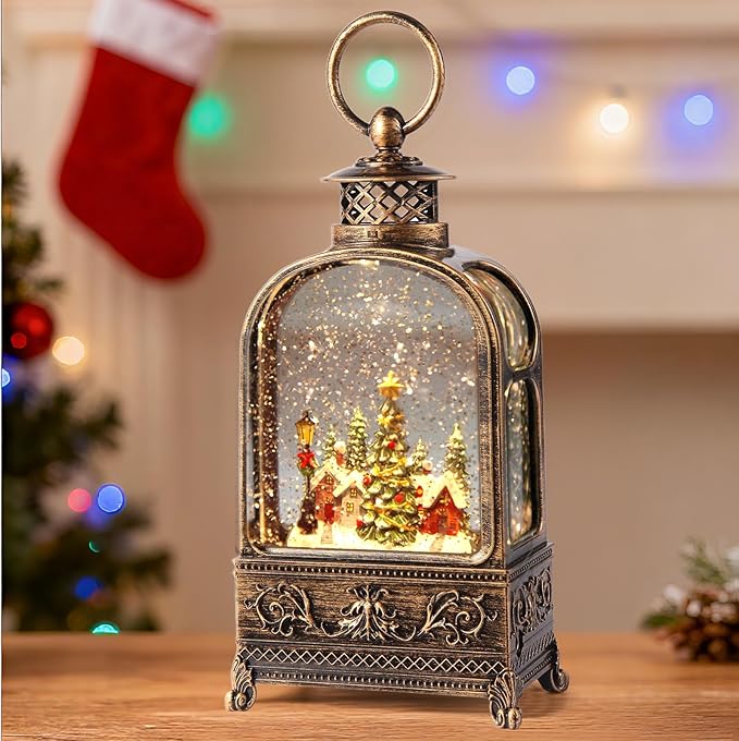 Village Snow Globe Christmas, Musical Snow Globe Lantern Lights with 6H Timer Battery & USB Powered, Retro Style Holiday Glitter Snow Globes for Xmas Home Decoration Indoor Holiday Party Gifts