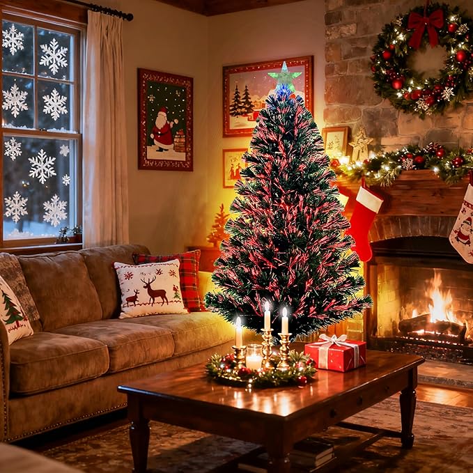 4FT Pre-lit Fiber Optic Christmas Tree with Lighted Star, PVC & Iron Construction, Green Artificial Christmas Tree with 141 Branch, Indoor Christmas Decorations, Holiday Home Xmas Decoration