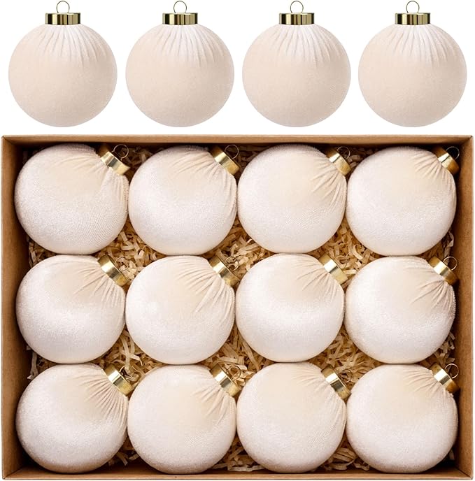 24 Pack Velvet Ornaments for Christmas Tree Decorations, 12 Pcs 3.15 Inch Large Neutral Christmas Ornaments Hanging Flocked Balls and 12 Pcs Velvet Bows for Xmas Tree Holiday Party Decor