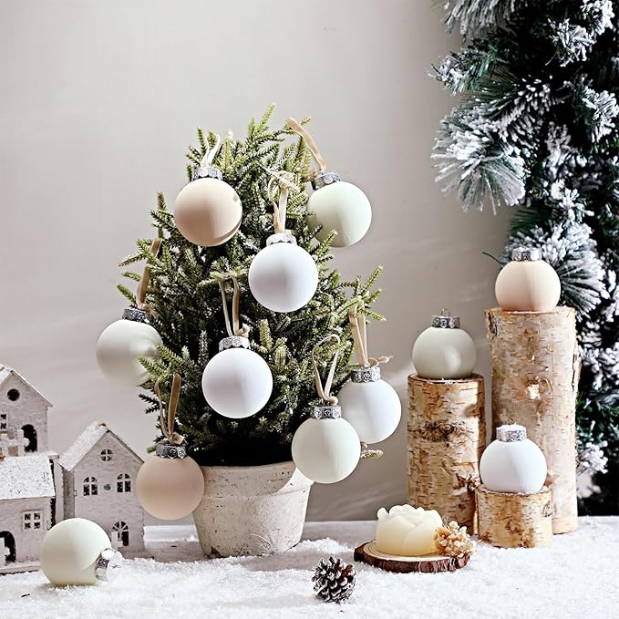 12 Pcs Neutral Matte Christmas Ball Ornaments 2.4 Inch Rustic Boho White Cream Beige Xmas Bulbs Ornament Vintage Xmas Baubles Modern Christmas Decor for Tree Farmhouse Holiday Decor