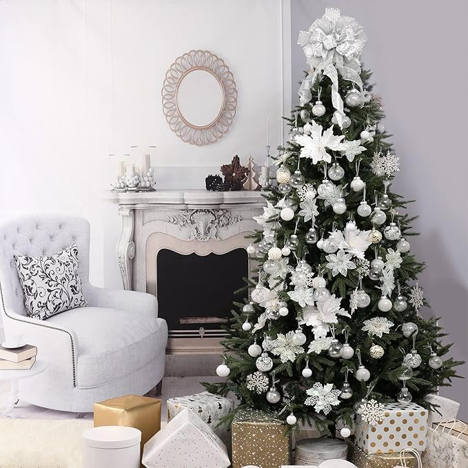 Wironlst Christmas Ball Ornaments Shatterproof Clear Large Plastic Hanging Ball Decorative Baubles Set with Stuffed Delicate Decorations (Multi-Size, White)