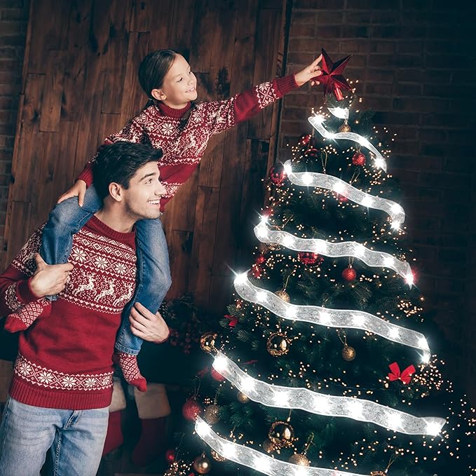 Christmas Decorations - 2.5Inch x 66Ft 200 Led Christmas Tree Ribbon Lights with 8 Lighting Modes, Battery Operated & USB Powered Fairy String Lights with Timer for Xmas Tree Decor