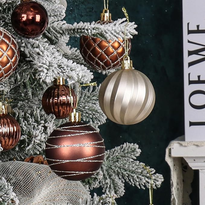 100PCS Brown and Gold Christmas Ornaments Set, Shatterproof Christmas Ball Ornaments Bulk, Assorted Decorations Baubles Hanging Ornaments for Christmas Trees Holiday Party Decor (Brown & Gold)