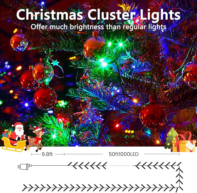 50FT 1000 LED Cluster Christmas Lights, Christmas Tree Lights Outdoor Indoor with 8 Modes & Timer & Remote, Firecrackers String Lights Waterproof for Garland Party Xmas Decorations, Multicolor