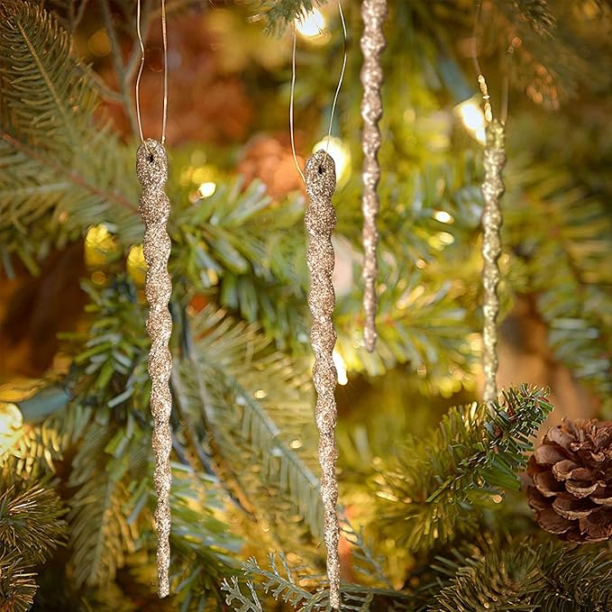 AMS Sparkling Glitter Plastic Icicle Ornaments 30 PCS Twisted Icicles Decoration Christmas Tree and Holiday Xmas Party Hanging (5.1'', Champagne)