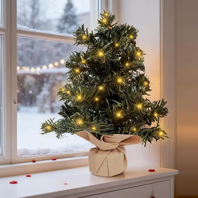 FR 12 Inch Tabletop Christmas Tree,Mini Artificial Christmas Tree,Equipped with LED Lights,Suitable for Desktop Centrepiece,Mantelpiece,Indoor DIY Christmas Decoration