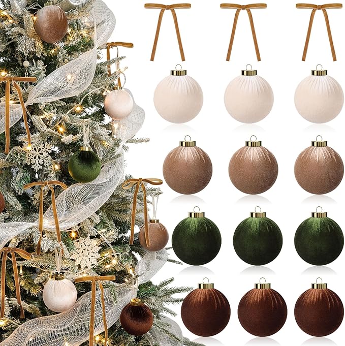 24 Pack Velvet Christmas Ornaments Set, 3.15 Inch Large Neutral Christmas Ball Ornaments Shatterproof Flocked Hanging Balls with Velvet Bows for Xmas Tree Garland Wreath Holiday Home Decor