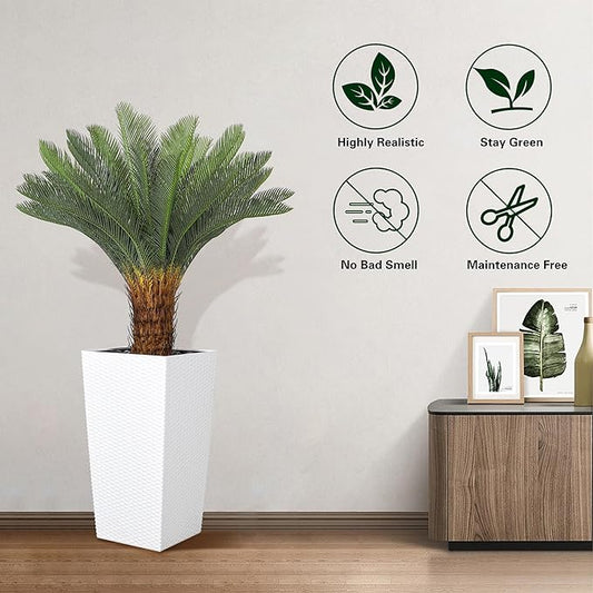 Artificial Palm Tree, 4FT Fake Palm Tree with White Tall Planter, Artificial Plants with Realistic Trunk and Leaves, Faux Sago Palm for Home and Office Décor, No Maintenance Indoor Greenery