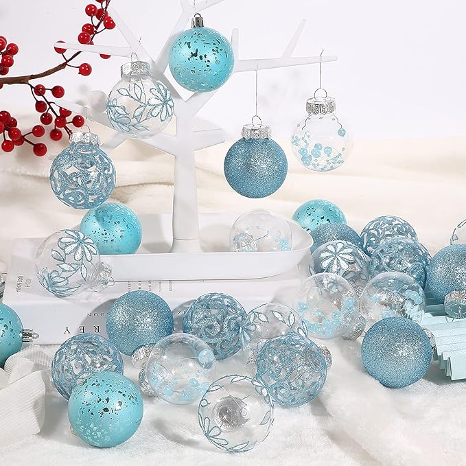 60mm/2.36inch Clear Christmas Ball Ornaments Set, 30ct Blue Transparent Shatterproof Hanging Balls Decoration for Tree, Baby Shower, Xmas, Wedding, Party, Home Decor