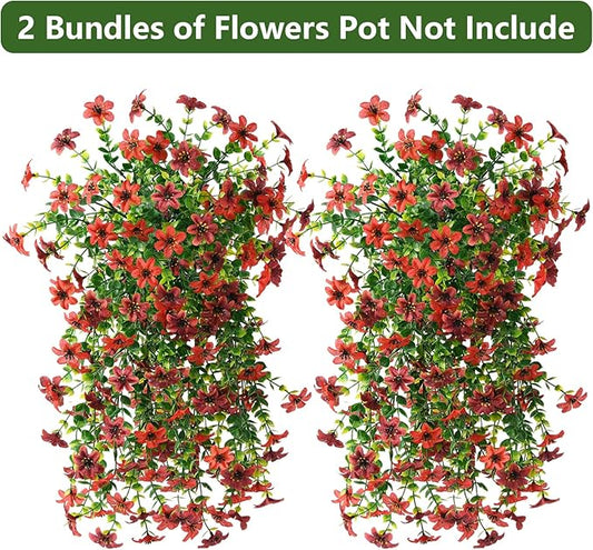 Artificial Hanging Flowers Plants for Outdoor Fall Decoration, 2 PCS Fake Silk Daisy Planter UV Resistant Look Real for Outside Patio Porch Home Autumn Decor (Red Brown)