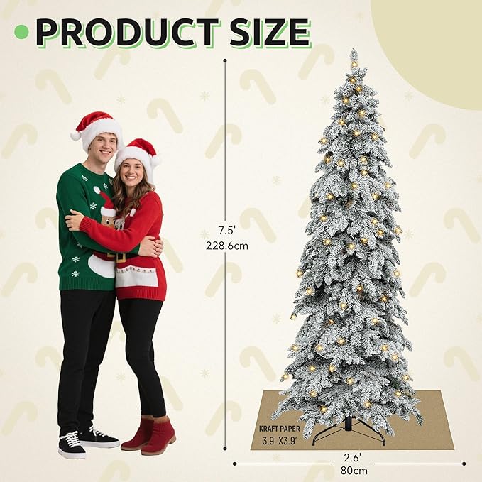 GOOBED 7.5ft Pre-Lit Flocked Drooping Pencil Spruce Christmas Tree with Pine Cones, Layered Spruce Design with Remote, 800 Branch Tips and 350 Lights for Home or Office, White Flocking