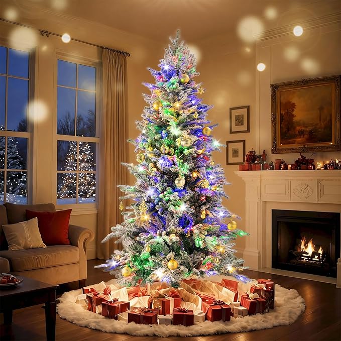 6ft Prelit Artificial Christmas Tree with 200 Multi-Color LED, 4 Color 8 Mode, Flocked Hinged Xmas Tree with 1000 Realistic Branches & Pinecones, Easy Assembly for Home Holiday Decoration