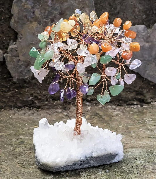 7 Chakra Crystal Tree of Life with White Aura Base Crystal Room & Home Decor, Cute Home Birthday Gifts for Men & Crystals and Healing Stones for Women Mom Gemstone Tree for Shelf & Bedroom Decor