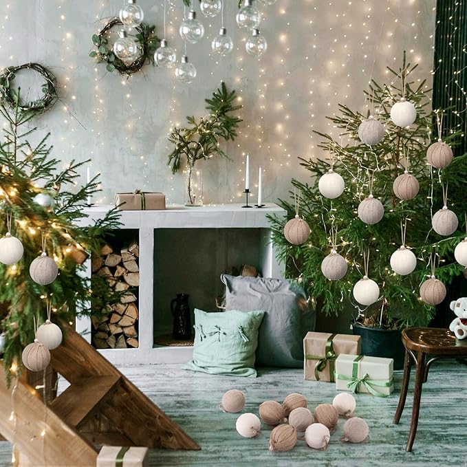 Syhood 24 Pcs Rustic Christmas Ball 2.36 Inch Neutral Farmhouse Christmas Tree Ornaments Shatterproof Hanging Burlap Fabric Textured Ball for Xmas Tree Party Garlands Wreath Home Decor