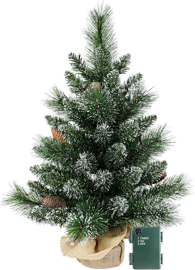 30 Led Warm Lights Pre-Lit Artificial Mini Christmas Tree, 2ft Snow Tipped Pine Artificial Christmas Tree,Seasonal Indoor Home Decor with Decorative Burlap Base