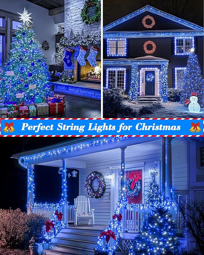 355FT 900 LED Christmas Lights, Extra Long Outdoor String Lights Waterproof, Timer & Memory, 8 Modes Dimmable Plug in Fairy Lights for Outside Tree Wedding Patry Holiday Decorations, Blue and White