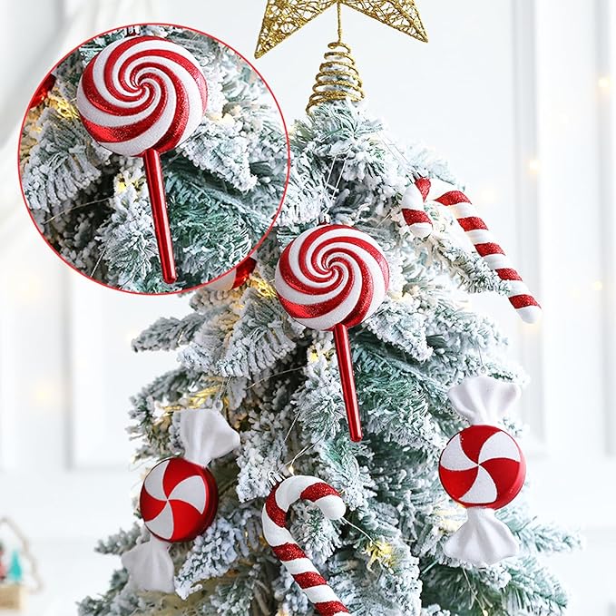 Christmas Lollipop Ornaments Glitter Hanging Lollipop Ornaments, 7.5inch Red White Lollipop,Threaded Shaped Lollipop for Xmas Tree Holiday Party Home Decor