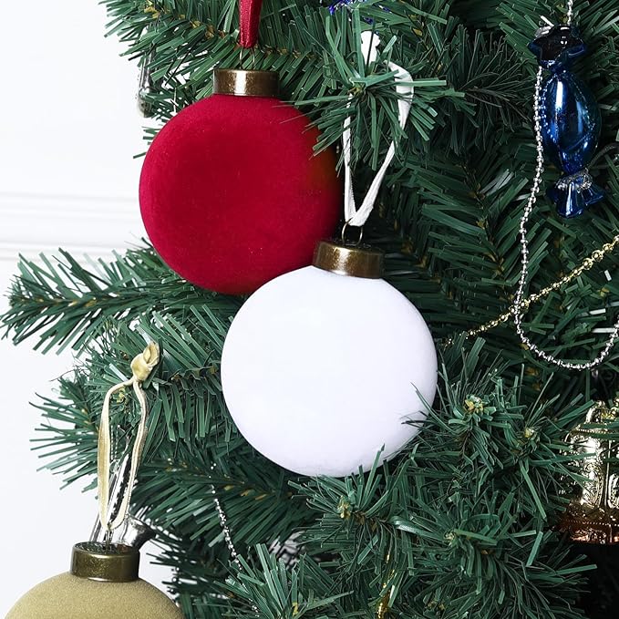 12 Pcs Velvet Christmas Balls Bulk Shatterproof Plastic Christmas Tree Decorations for Decorative Hanging Baubles (12, White、Wine red、Khaki, 3.94Inch)