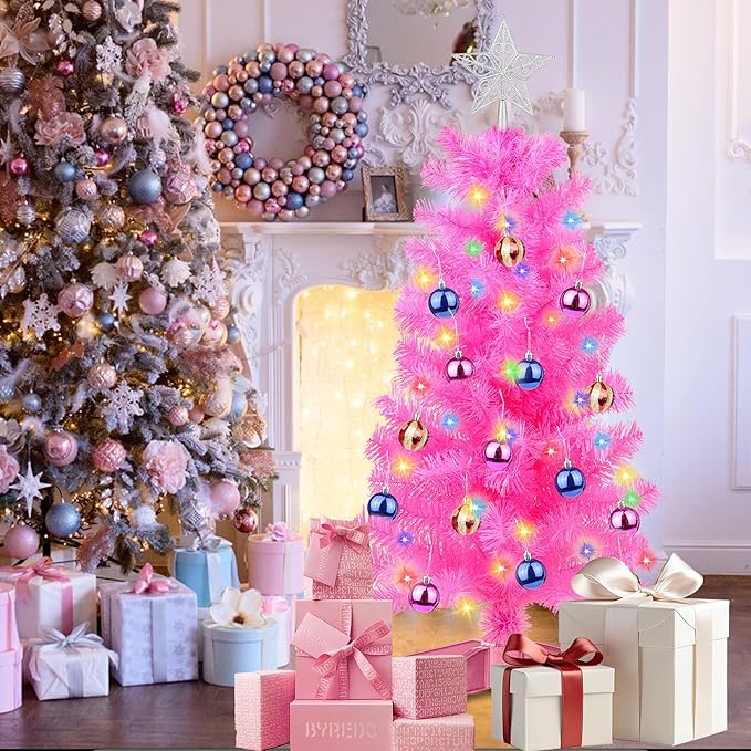 3 Feet Pink Tinsel Christmas Tree 12 Modes Dual Color Change Timer DIY 50 Warm White & Multicolor Lights Star 15 Ball Ornaments Battery Operated Small Artificial Full Xmas Tree Table Home Indoor