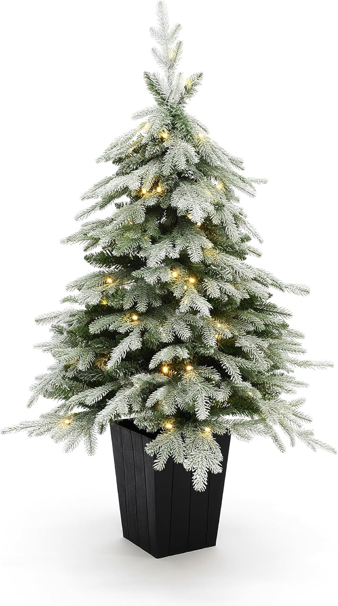 LuxenHome 4.5FT Potted Christmas Tree, Downswept Branches Prelit Small Christmas Tree with 100 LED Lights, Natural Slim Fir Trees Pre-lit with Black Square Pot for Porch, Entryway Holiday Display