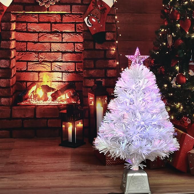 24inch White Fiber Optic Christmas Tree,Pre-Lit Artificial Mini Christmas Tree, Tabletop Small Xmas Tree with Stars Holiday Home Decorations