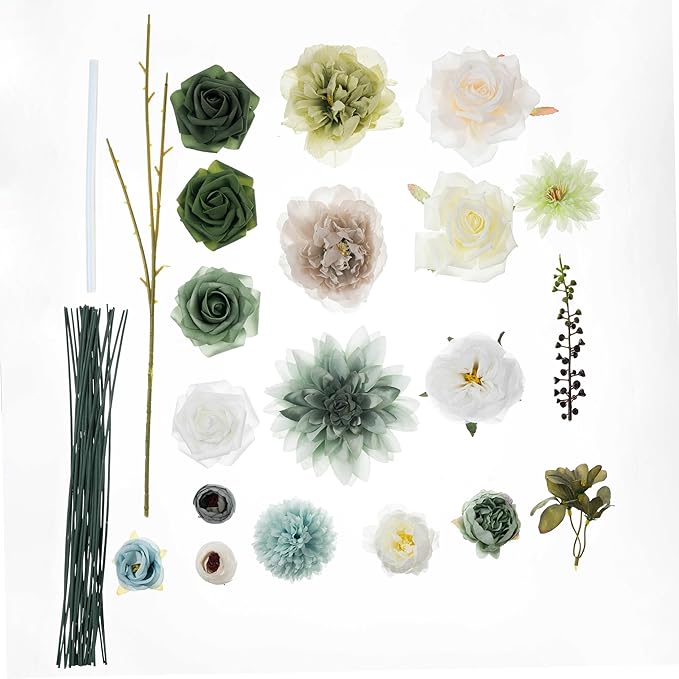 30 Pcs Artificial Flowers Combo Green Flowers Mix Silk Flowers Dahlia Roses with Stems for DIY Wedding Bridal Bouquets, Baby Shower, Floral Arrangement, Table Centerpieces, Home Decorations.