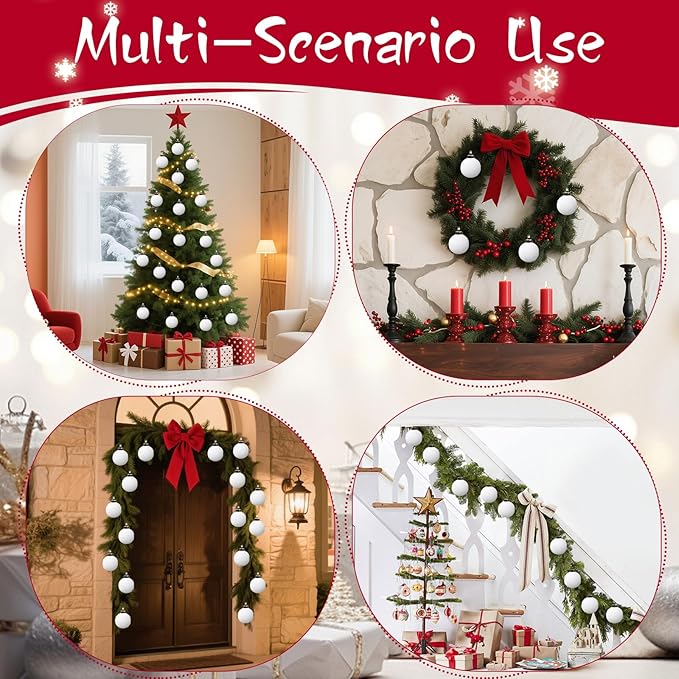 Velvet Christmas Balls Bulk Shatterproof Plastic Christmas Tree Decorations for Decorative Hanging Baubles (12, White, 3.15Inch)